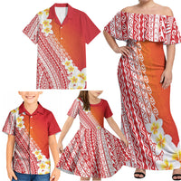 Tahiti Plumeria Tribal Pattern Family Matching Off Shoulder Maxi Dress and Hawaiian Shirt Wave Style Red LT05 - Polynesian Pride