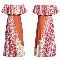 Tahiti Plumeria Tribal Pattern Family Matching Off Shoulder Maxi Dress and Hawaiian Shirt Wave Style Red LT05 Mom's Dress Red - Polynesian Pride
