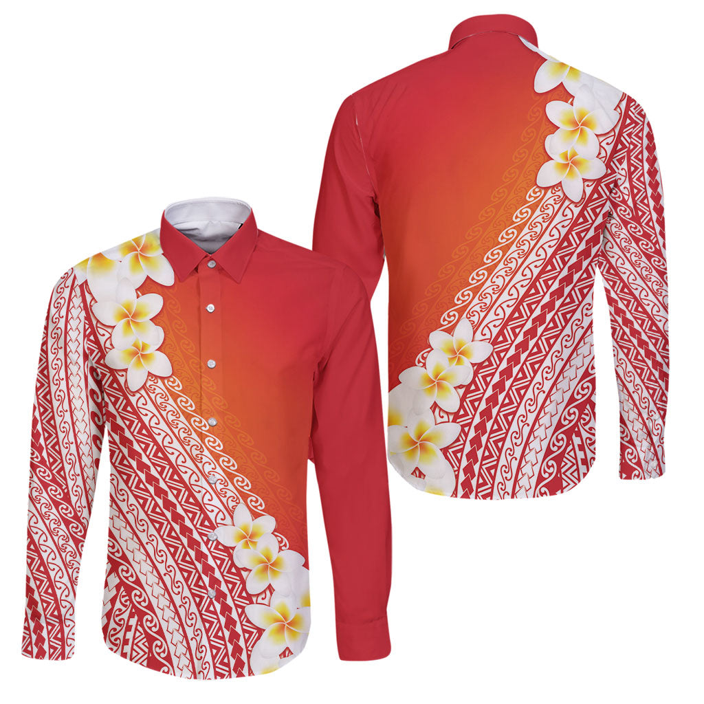 Tahiti Plumeria Tribal Pattern Family Matching Off Shoulder Maxi Dress and Hawaiian Shirt Wave Style Red LT05 Dad's Shirt - Long Sleeve Red - Polynesian Pride