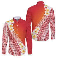 Tahiti Plumeria Tribal Pattern Family Matching Off Shoulder Short Dress and Hawaiian Shirt Wave Style Red LT05 Dad's Shirt - Long Sleeve Red - Polynesian Pride