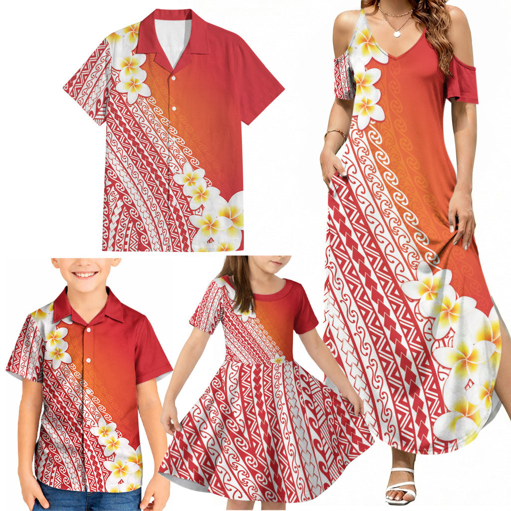 Tahiti Plumeria Tribal Pattern Family Matching Summer Maxi Dress and Hawaiian Shirt Wave Style Red LT05 - Polynesian Pride