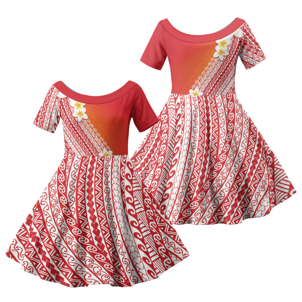 Tahiti Plumeria Tribal Pattern Family Matching Tank Maxi Dress and Hawaiian Shirt Wave Style Red LT05 Daughter's Dress Red - Polynesian Pride