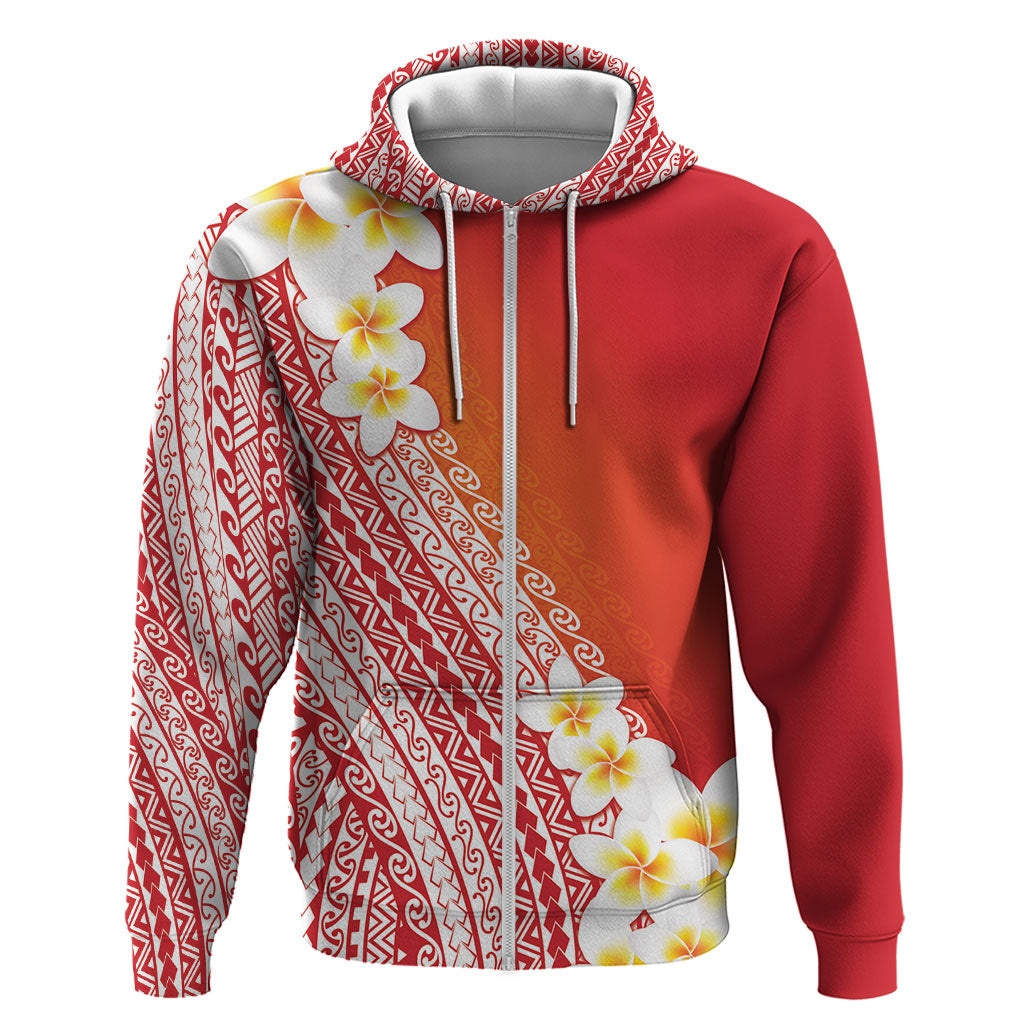 Tahiti Plumeria Tribal Pattern Hoodie Wave Style Red LT05 Zip Hoodie Red - Polynesian Pride