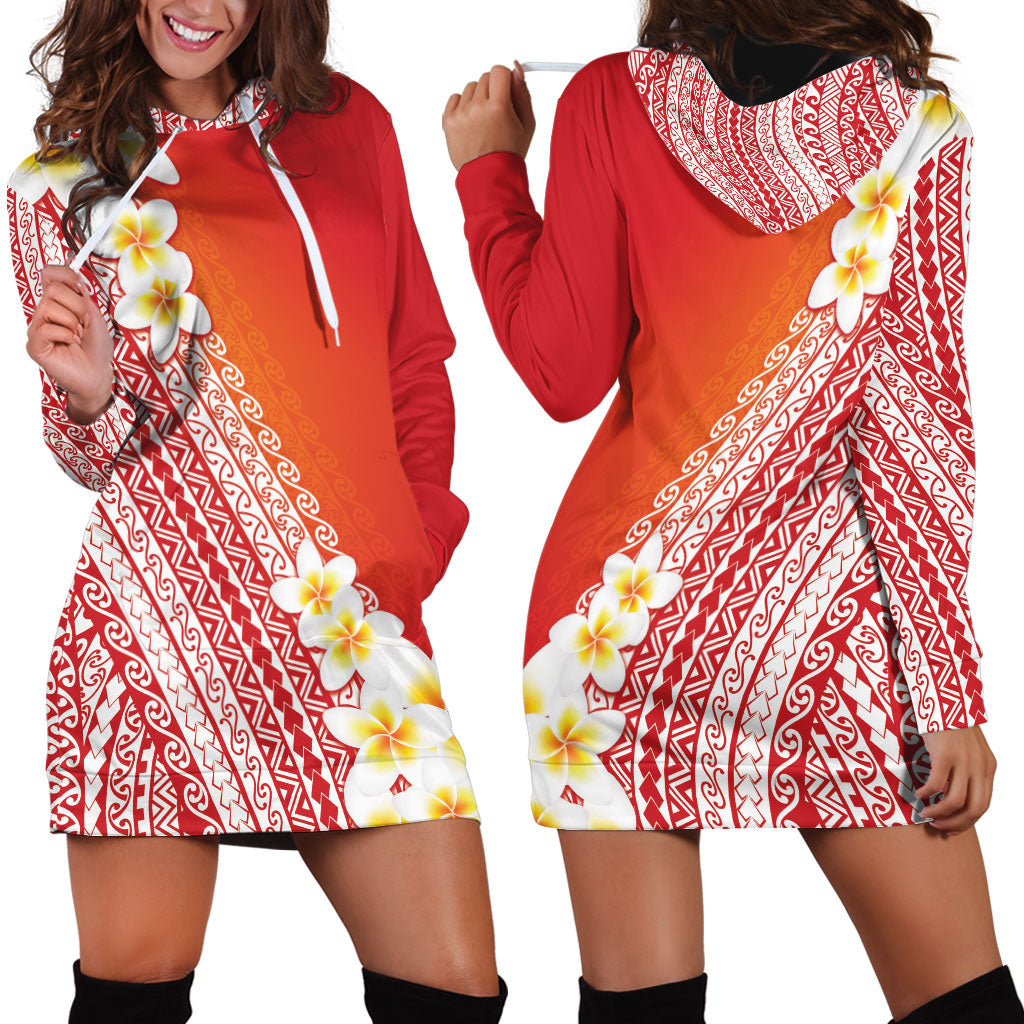 Tahiti Plumeria Tribal Pattern Hoodie Dress Wave Style Red LT05 - Polynesian Pride