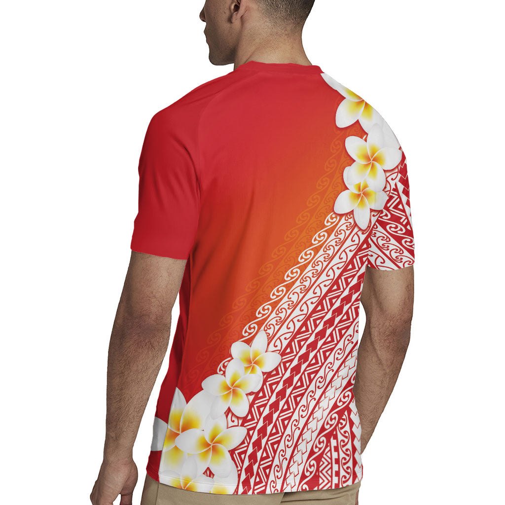 Tahiti Plumeria Tribal Pattern Rugby Jersey Wave Style Red LT05 - Polynesian Pride