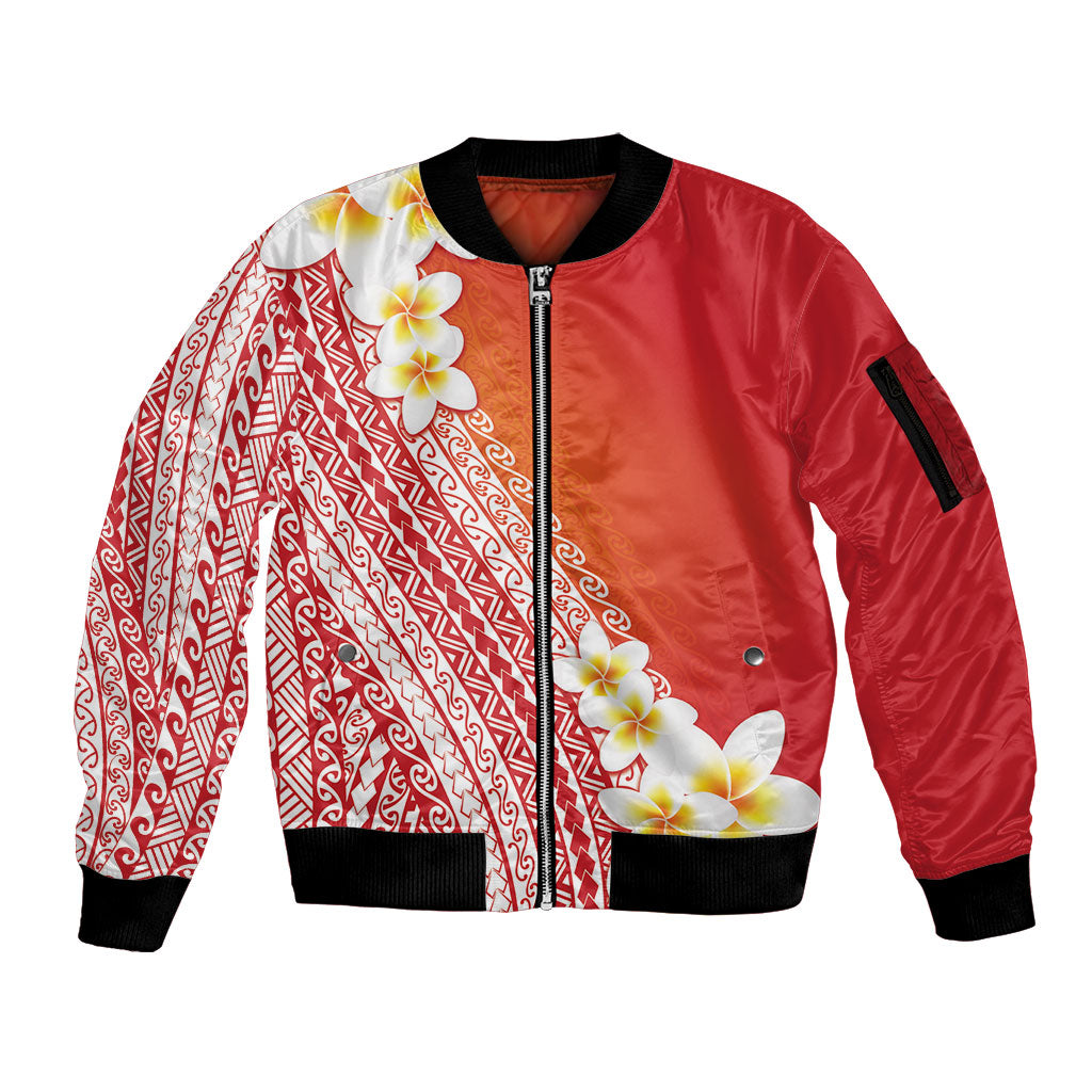 Tahiti Plumeria Tribal Pattern Sleeve Zip Bomber Jacket Wave Style Red LT05 Unisex Red - Polynesian Pride