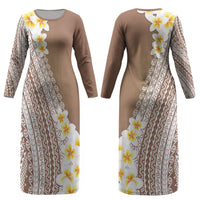 Tahiti Plumeria Tribal Pattern Couples Matching Long Sleeve Bodycon Dress and Hawaiian Shirt Wave Style Brown LT05 - Polynesian Pride