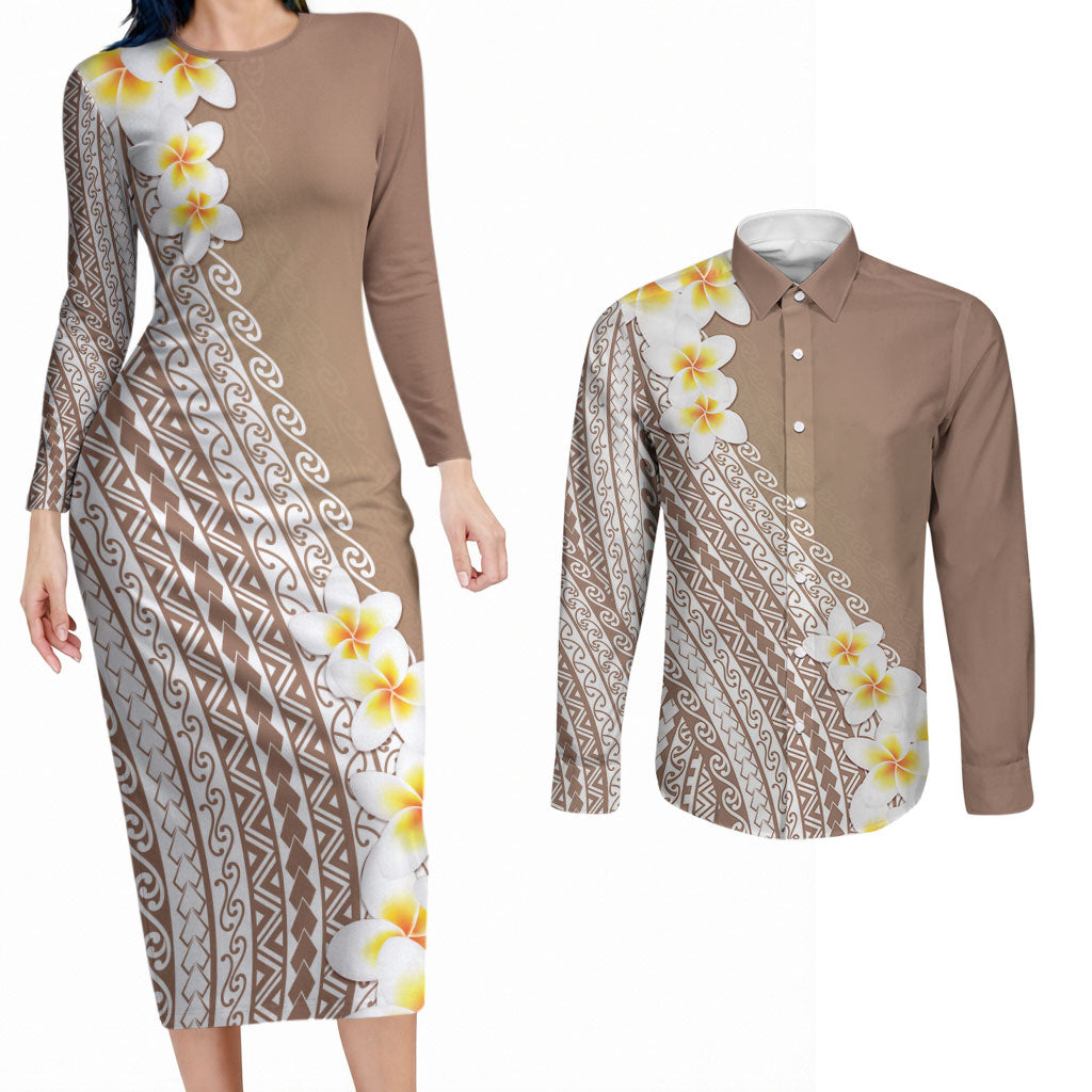Tahiti Plumeria Tribal Pattern Couples Matching Long Sleeve Bodycon Dress and Long Sleeve Button Shirt Wave Style Brown LT05 Brown - Polynesian Pride