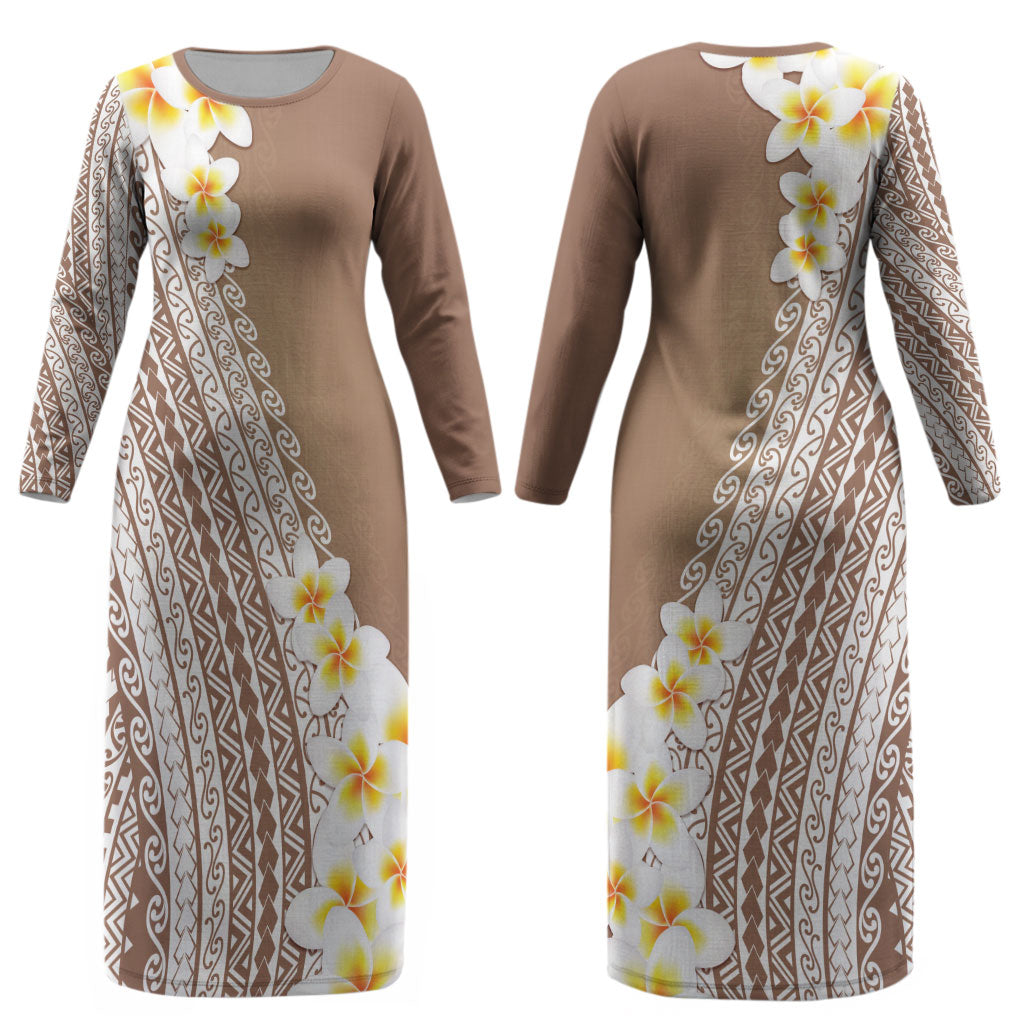Tahiti Plumeria Tribal Pattern Couples Matching Long Sleeve Bodycon Dress and Long Sleeve Button Shirt Wave Style Brown LT05 - Polynesian Pride