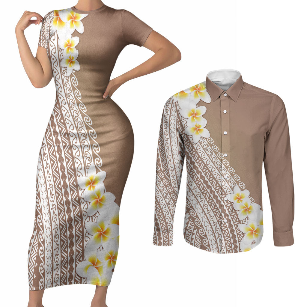 Tahiti Plumeria Tribal Pattern Couples Matching Short Sleeve Bodycon Dress and Long Sleeve Button Shirt Wave Style Brown LT05 Brown - Polynesian Pride