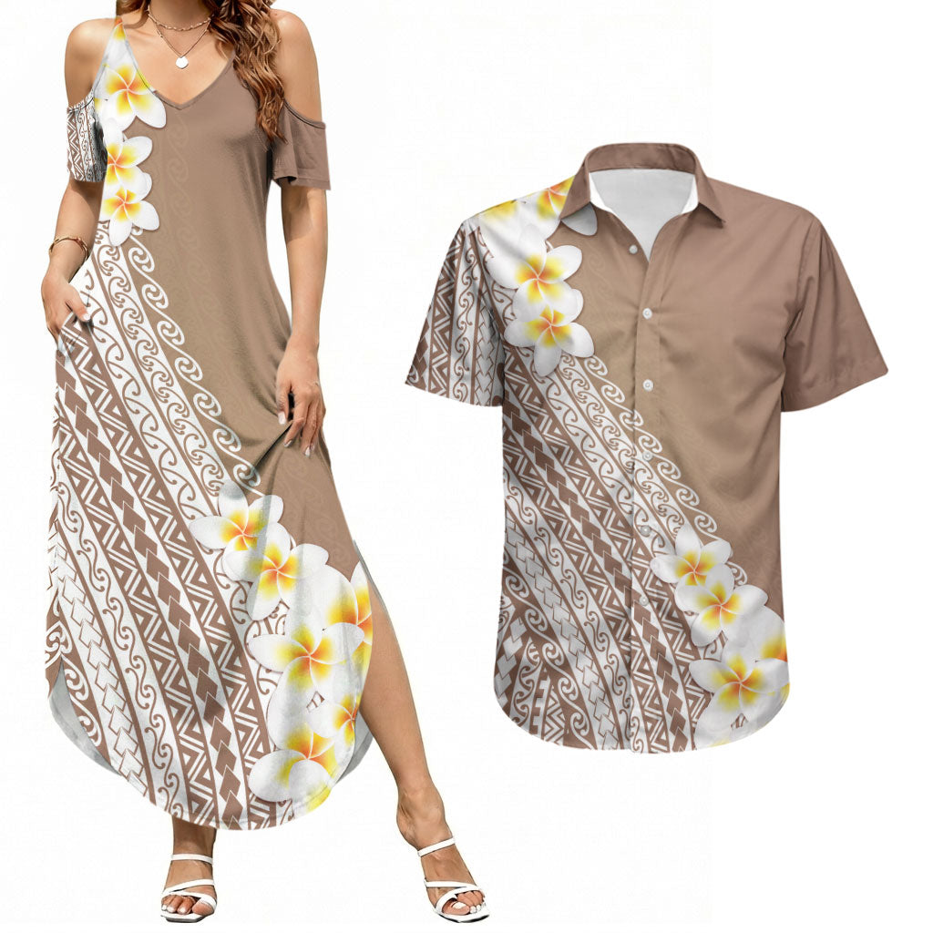 Tahiti Plumeria Tribal Pattern Couples Matching Summer Maxi Dress and Hawaiian Shirt Wave Style Brown LT05 Brown - Polynesian Pride