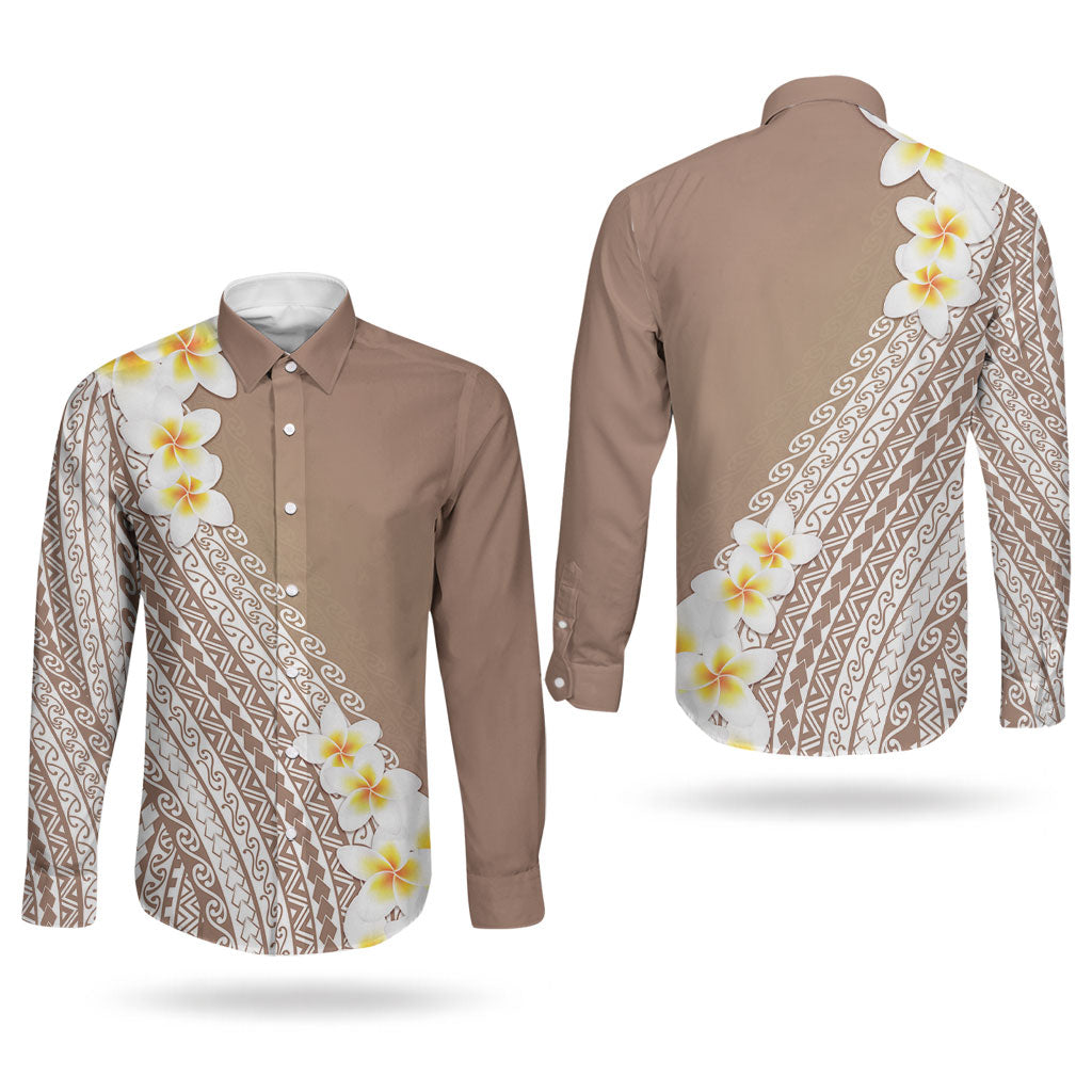 Tahiti Plumeria Tribal Pattern Couples Matching Summer Maxi Dress and Long Sleeve Button Shirt Wave Style Brown LT05 - Polynesian Pride