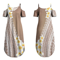 Tahiti Plumeria Tribal Pattern Couples Matching Summer Maxi Dress and Long Sleeve Button Shirt Wave Style Brown LT05 - Polynesian Pride