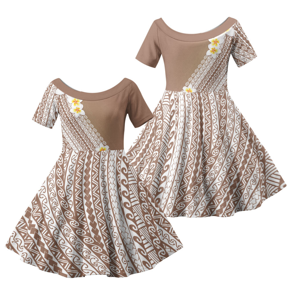 Tahiti Plumeria Tribal Pattern Family Matching Long Sleeve Bodycon Dress and Hawaiian Shirt Wave Style Brown LT05 Daughter's Dress Brown - Polynesian Pride