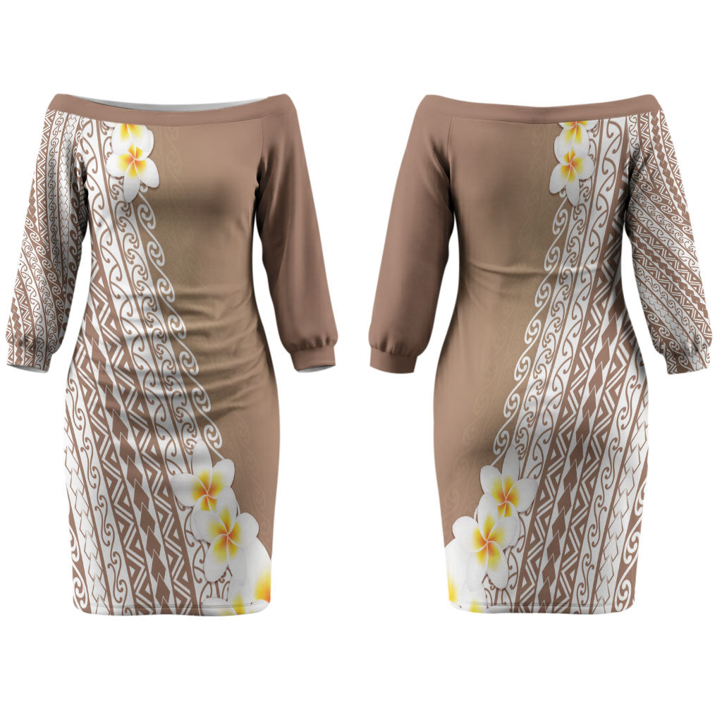 Tahiti Plumeria Tribal Pattern Family Matching Off The Shoulder Long Sleeve Dress and Hawaiian Shirt Wave Style Brown LT05 Mom's Dress Brown - Polynesian Pride