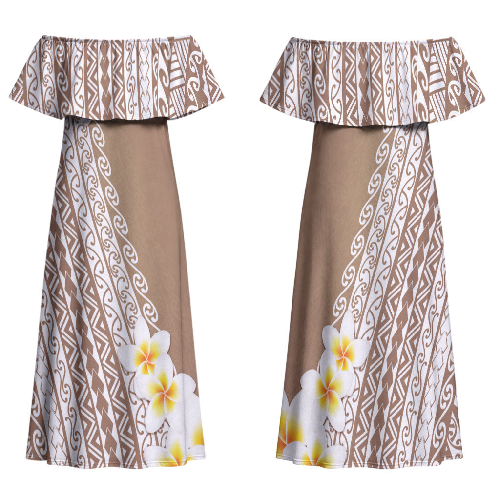 Tahiti Plumeria Tribal Pattern Family Matching Off Shoulder Maxi Dress and Hawaiian Shirt Wave Style Brown LT05 Mom's Dress Brown - Polynesian Pride