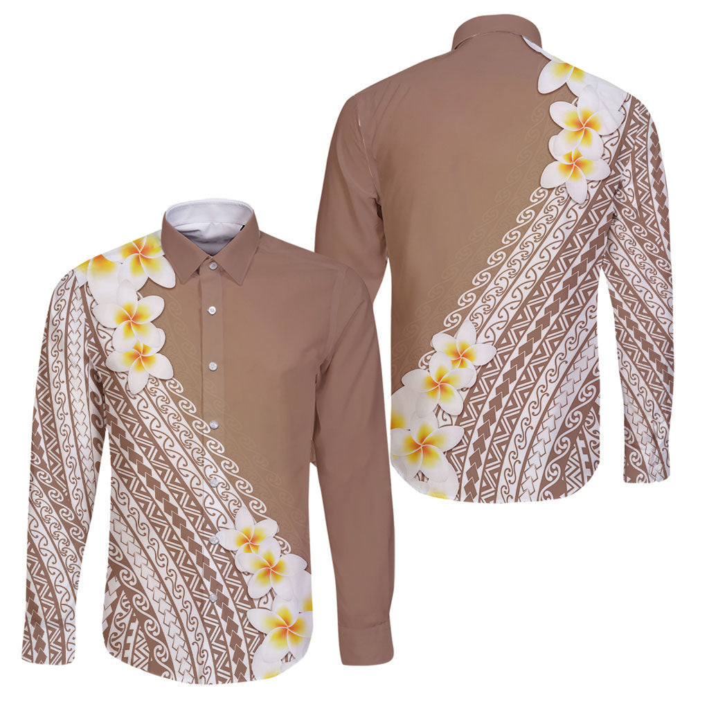 Tahiti Plumeria Tribal Pattern Family Matching Short Sleeve Bodycon Dress and Hawaiian Shirt Wave Style Brown LT05 Dad's Shirt - Long Sleeve Brown - Polynesian Pride
