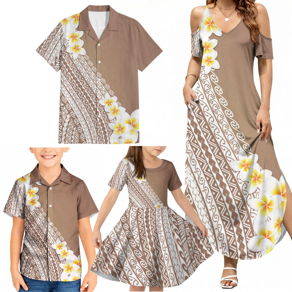 Tahiti Plumeria Tribal Pattern Family Matching Summer Maxi Dress and Hawaiian Shirt Wave Style Brown LT05 - Polynesian Pride