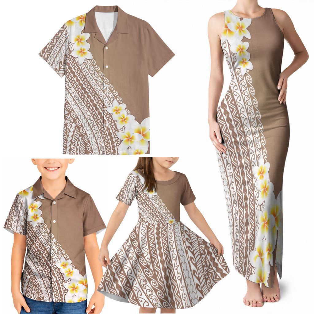 Tahiti Plumeria Tribal Pattern Family Matching Tank Maxi Dress and Hawaiian Shirt Wave Style Brown LT05 - Polynesian Pride
