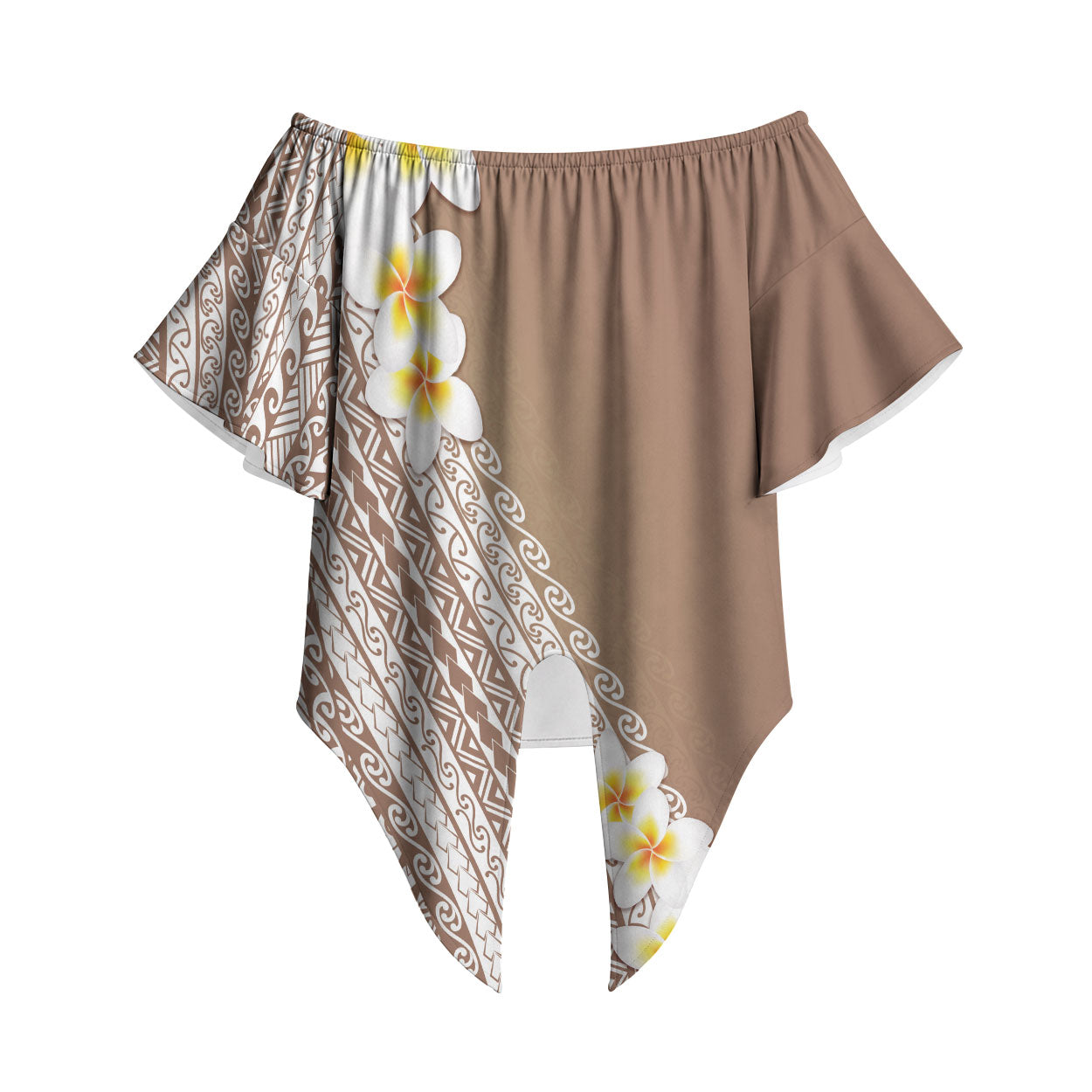 Tahiti Plumeria Tribal Pattern Off Shoulder Wrap Waist Top Wave Style Brown