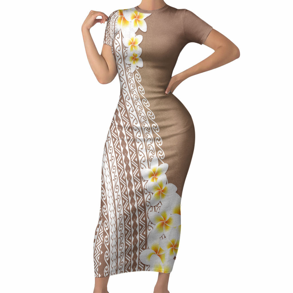 Tahiti Plumeria Tribal Pattern Short Sleeve Bodycon Dress Wave Style Brown LT05 Long Dress Brown - Polynesian Pride