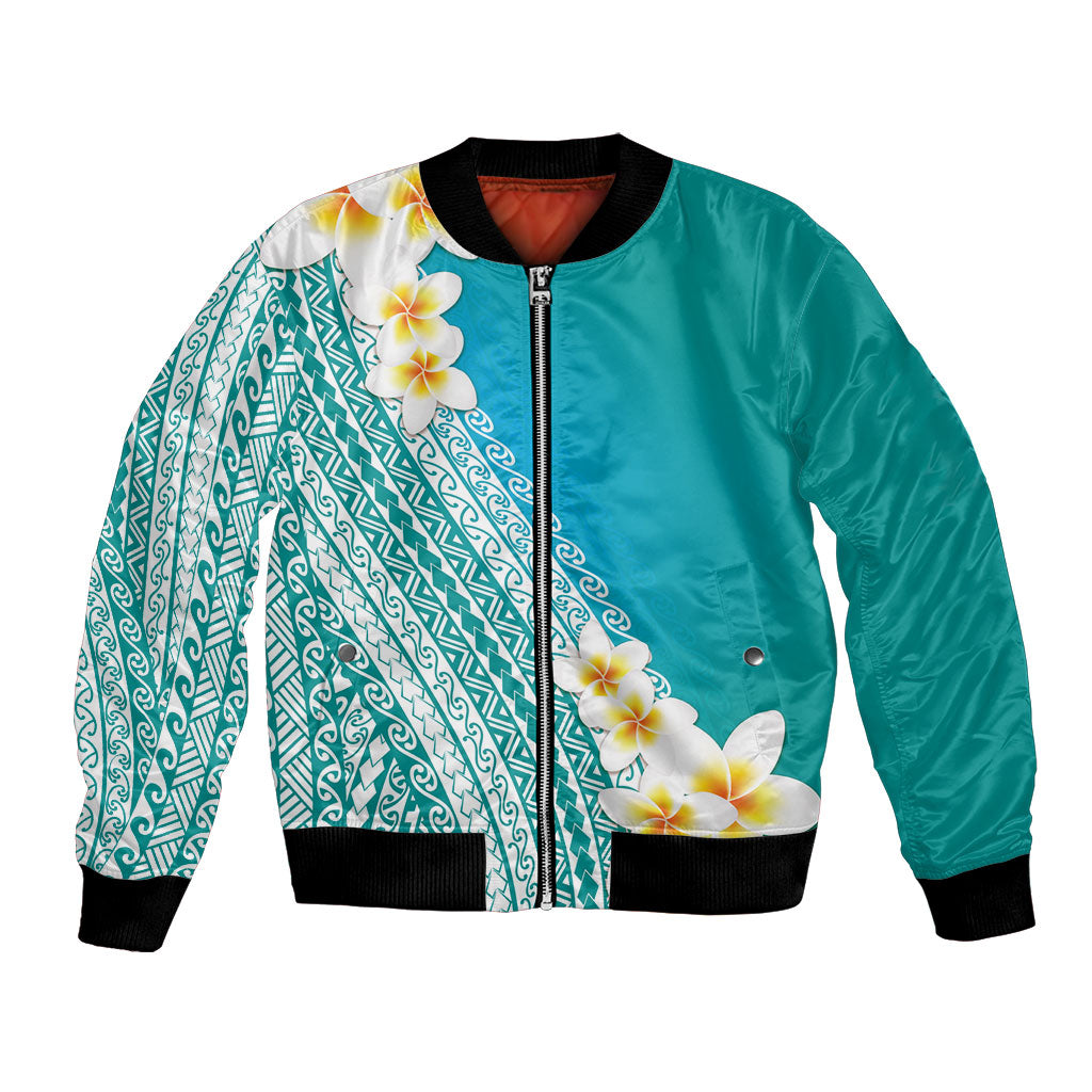 Tahiti Plumeria Tribal Pattern Bomber Jacket Wave Style Turquoise LT05 Unisex Turquoise - Polynesian Pride
