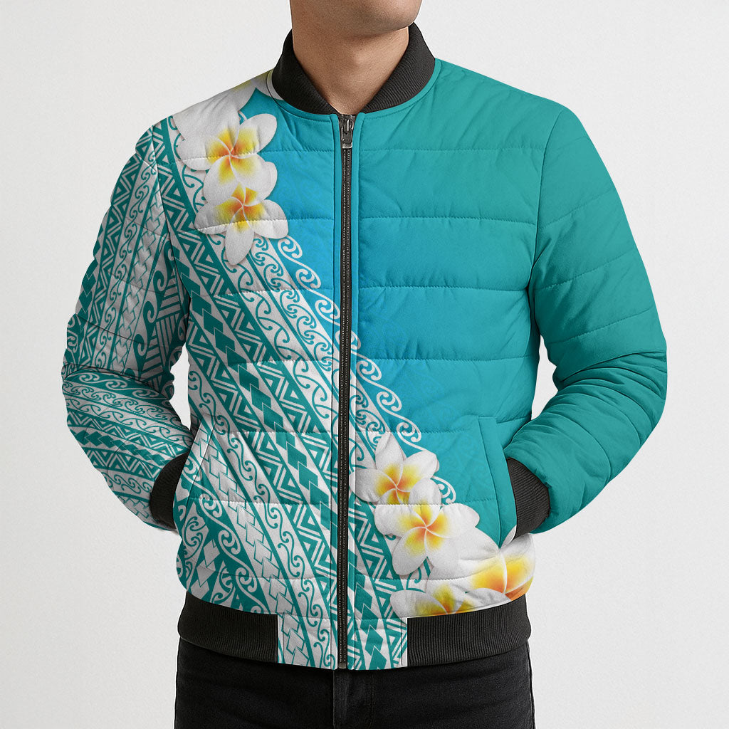 Tahiti Plumeria Tribal Pattern Bomber Puffer Jacket Wave Style Turquoise LT05 - Polynesian Pride