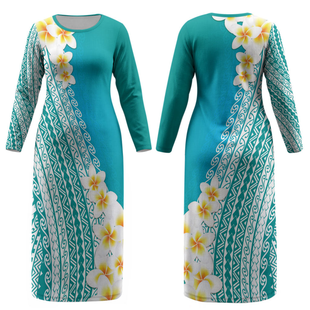 Tahiti Plumeria Tribal Pattern Couples Matching Long Sleeve Bodycon Dress and Hawaiian Shirt Wave Style Turquoise LT05 - Polynesian Pride