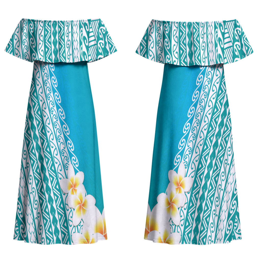 Tahiti Plumeria Tribal Pattern Couples Matching Off Shoulder Maxi Dress and Long Sleeve Button Shirt Wave Style Turquoise LT05 - Polynesian Pride