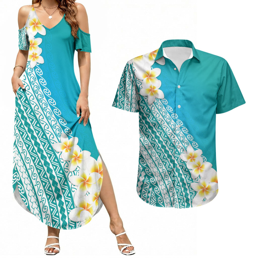 Tahiti Plumeria Tribal Pattern Couples Matching Summer Maxi Dress and Hawaiian Shirt Wave Style Turquoise LT05 Turquoise - Polynesian Pride