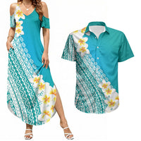 Tahiti Plumeria Tribal Pattern Couples Matching Summer Maxi Dress and Hawaiian Shirt Wave Style Turquoise LT05 Turquoise - Polynesian Pride