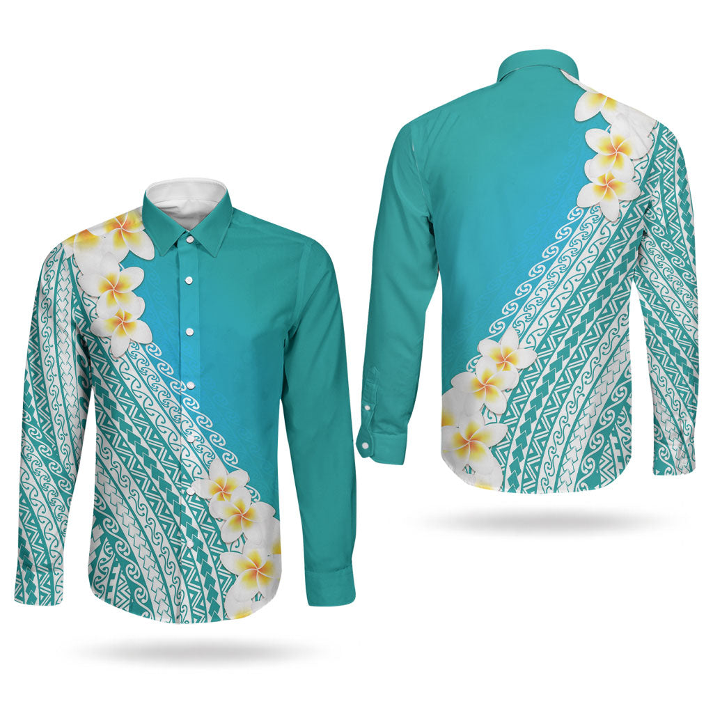 Tahiti Plumeria Tribal Pattern Couples Matching Summer Maxi Dress and Long Sleeve Button Shirt Wave Style Turquoise LT05 - Polynesian Pride