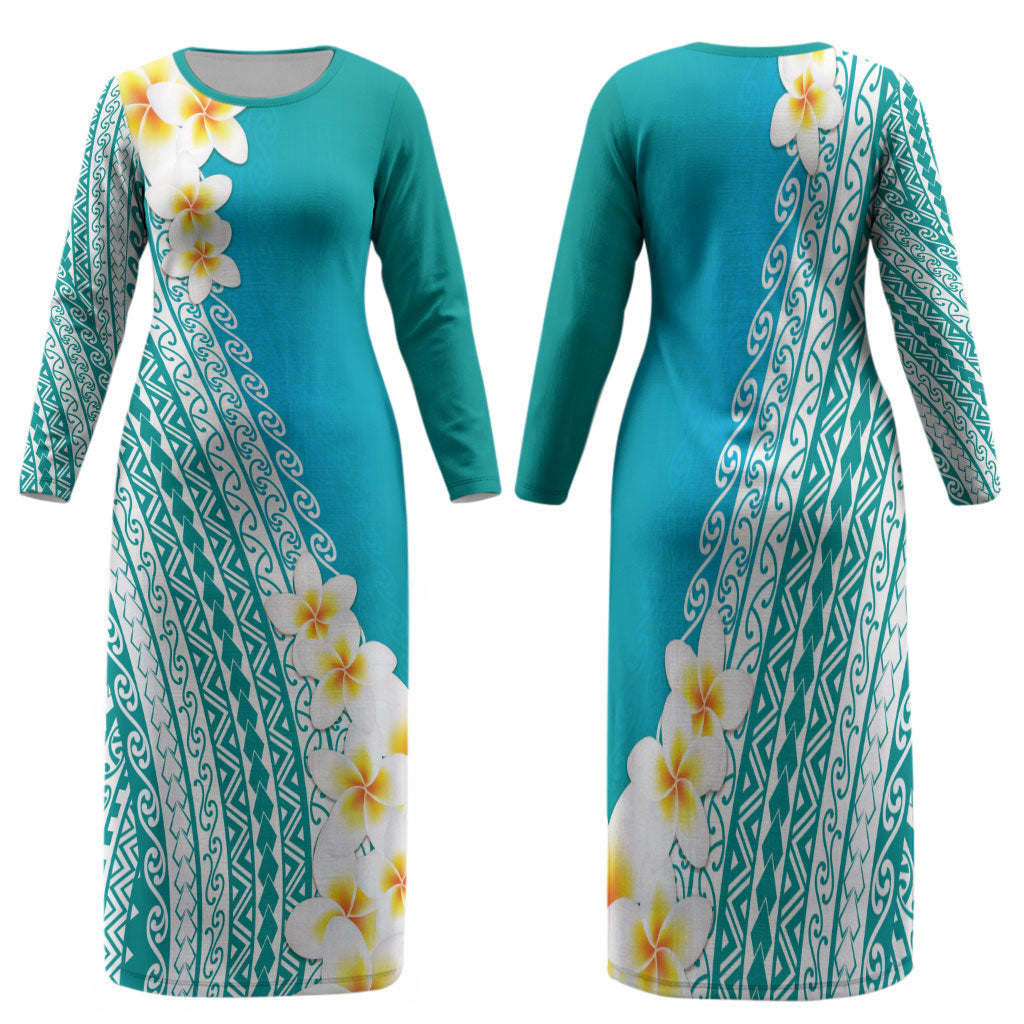 Tahiti Plumeria Tribal Pattern Family Matching Long Sleeve Bodycon Dress and Hawaiian Shirt Wave Style Turquoise LT05 Mom's Dress Turquoise - Polynesian Pride