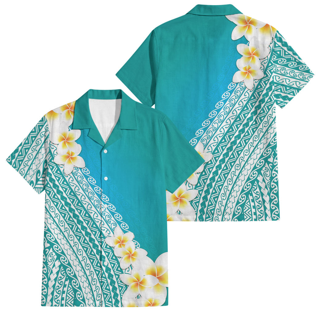 Tahiti Plumeria Tribal Pattern Family Matching Long Sleeve Bodycon Dress and Hawaiian Shirt Wave Style Turquoise LT05 Dad's Shirt - Short Sleeve Turquoise - Polynesian Pride