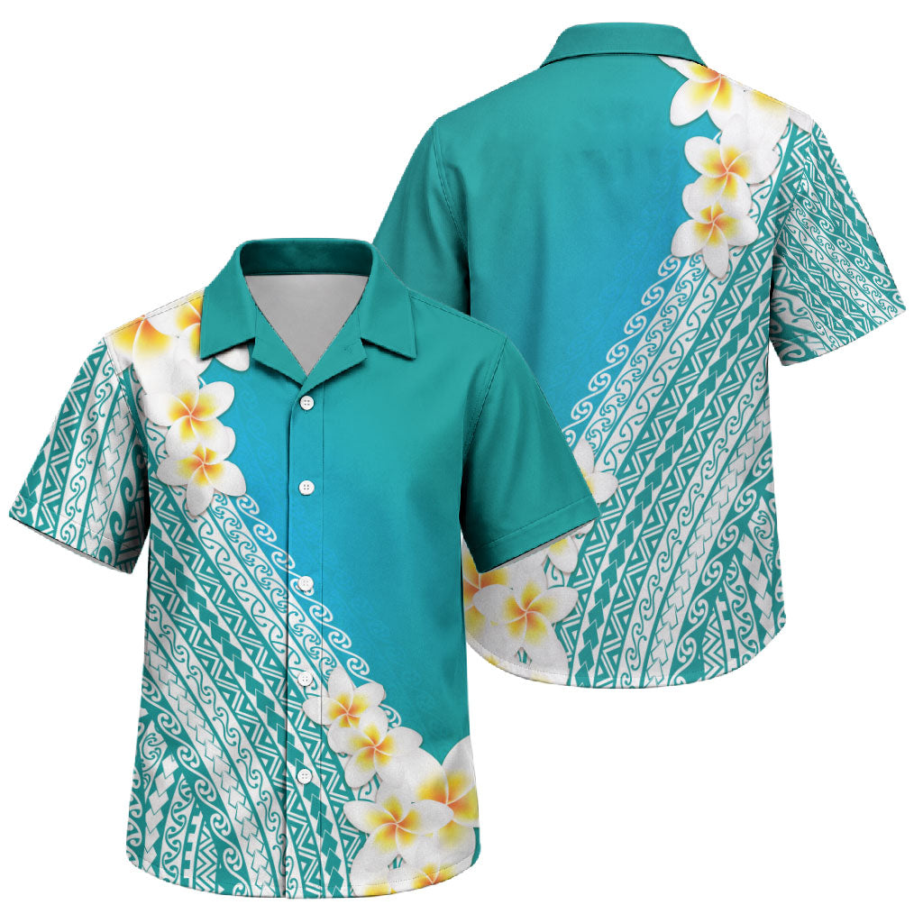Tahiti Plumeria Tribal Pattern Family Matching Off Shoulder Maxi Dress and Hawaiian Shirt Wave Style Turquoise LT05 Son's Shirt Turquoise - Polynesian Pride