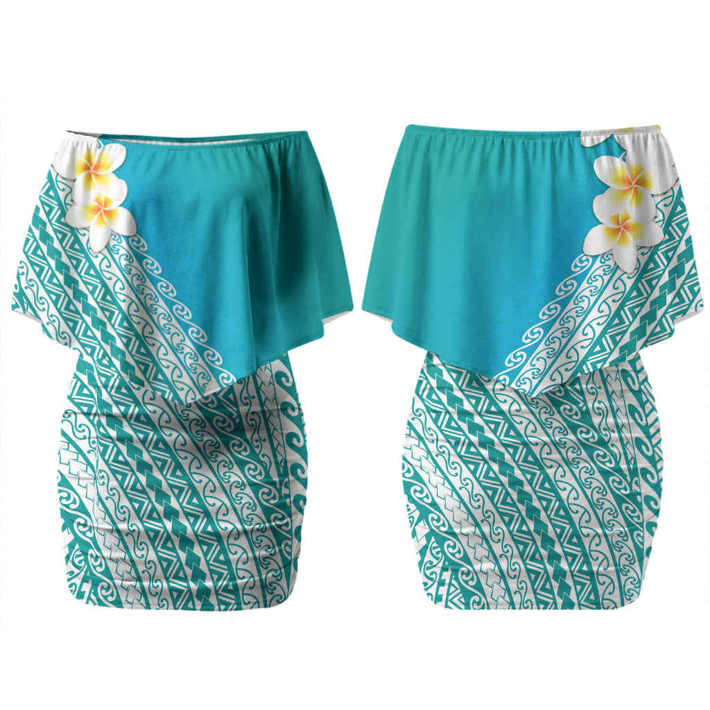 Tahiti Plumeria Tribal Pattern Family Matching Off Shoulder Short Dress and Hawaiian Shirt Wave Style Turquoise LT05 Mom's Dress Turquoise - Polynesian Pride