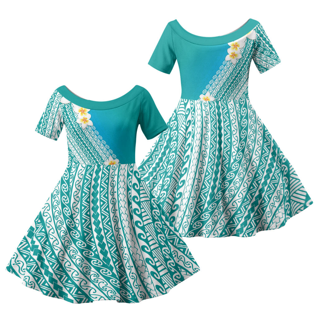 Tahiti Plumeria Tribal Pattern Family Matching Off Shoulder Short Dress and Hawaiian Shirt Wave Style Turquoise LT05 Daughter's Dress Turquoise - Polynesian Pride