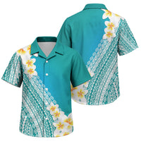 Tahiti Plumeria Tribal Pattern Family Matching Short Sleeve Bodycon Dress and Hawaiian Shirt Wave Style Turquoise LT05 Son's Shirt Turquoise - Polynesian Pride