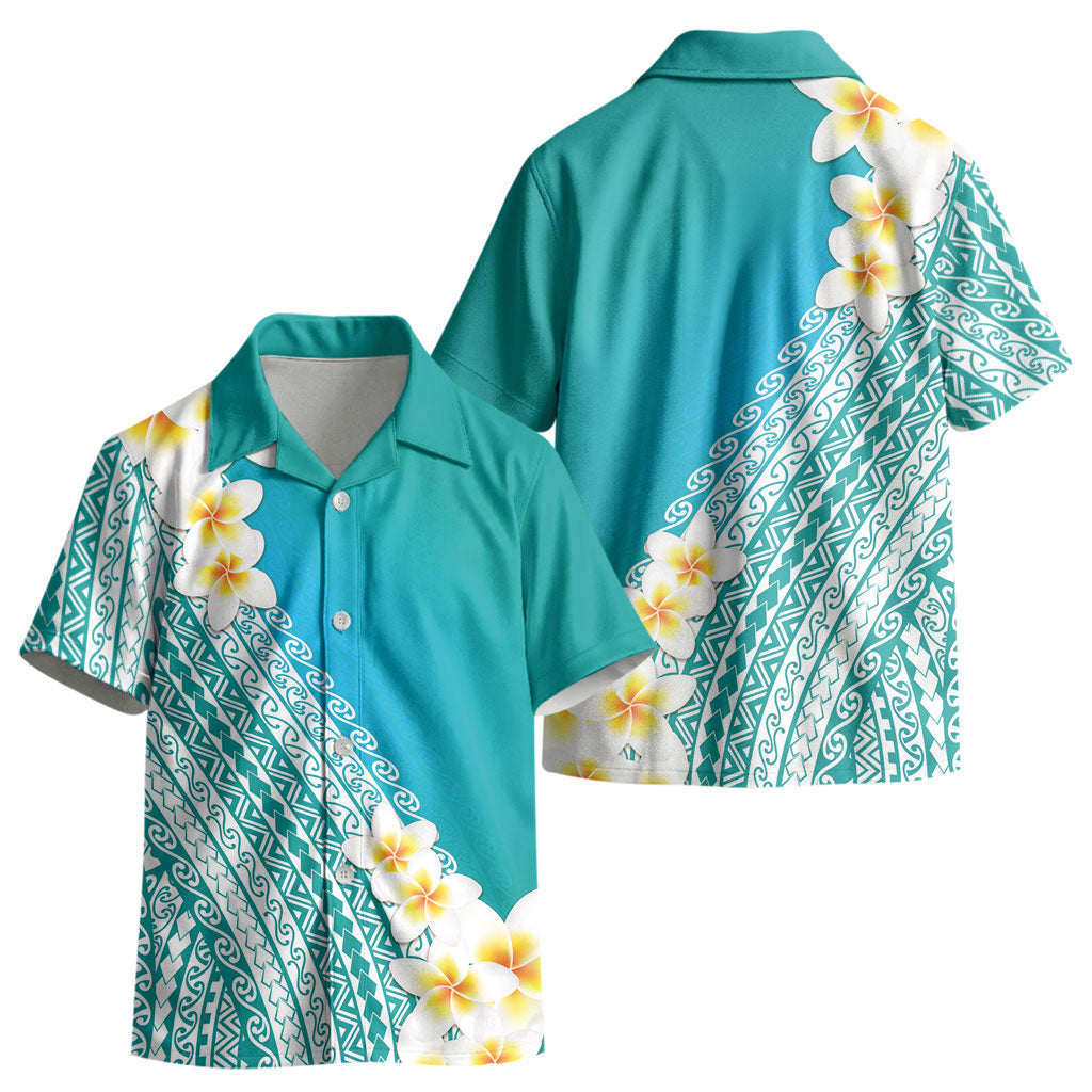 Tahiti Plumeria Tribal Pattern Kid Hawaiian Shirt Wave Style Turquoise LT05 - Polynesian Pride