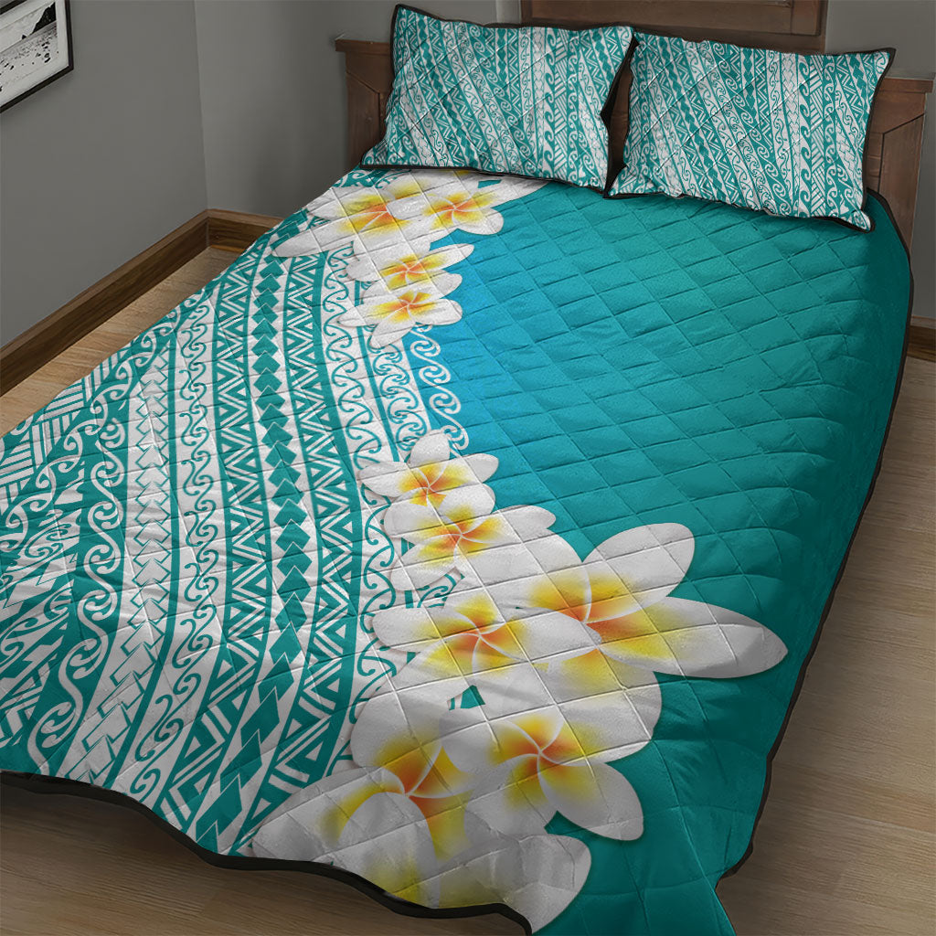 Tahiti Plumeria Tribal Pattern Quilt Bed Set Wave Style Turquoise LT05 - Polynesian Pride