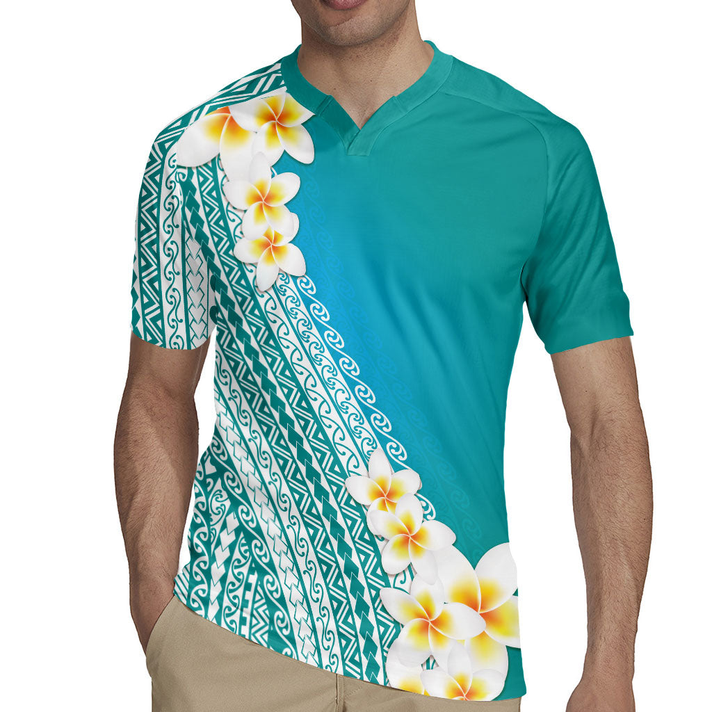 Tahiti Plumeria Tribal Pattern Rugby Jersey Wave Style Turquoise LT05 - Polynesian Pride