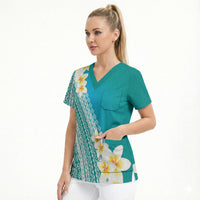 Tahiti Plumeria Tribal Pattern Scrub Top Wave Style Turquoise LT05 - Polynesian Pride
