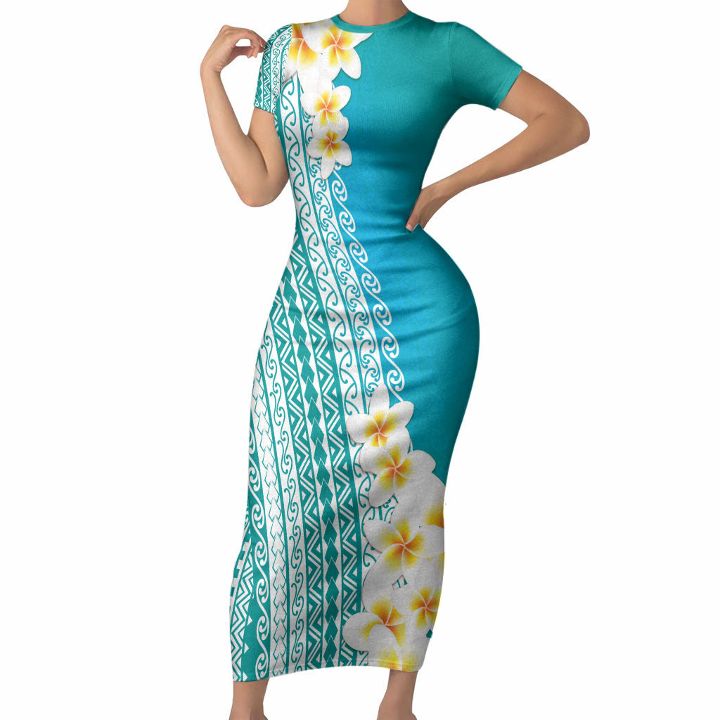Tahiti Plumeria Tribal Pattern Short Sleeve Bodycon Dress Wave Style Turquoise LT05 Long Dress Turquoise - Polynesian Pride