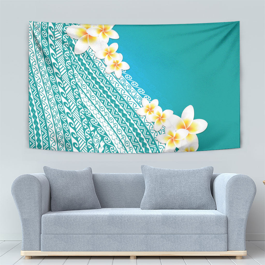 Tahiti Plumeria Tribal Pattern Tapestry Wave Style Turquoise LT05 - Polynesian Pride