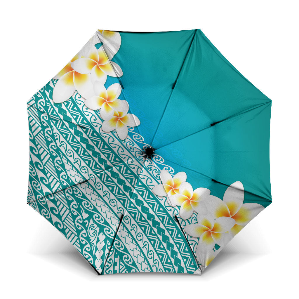 Tahiti Plumeria Tribal Pattern Umbrella Wave Style Turquoise LT05 One Size Folded 11.42 inch Opened Diameter 37.4 inch Turquoise - Polynesian Pride