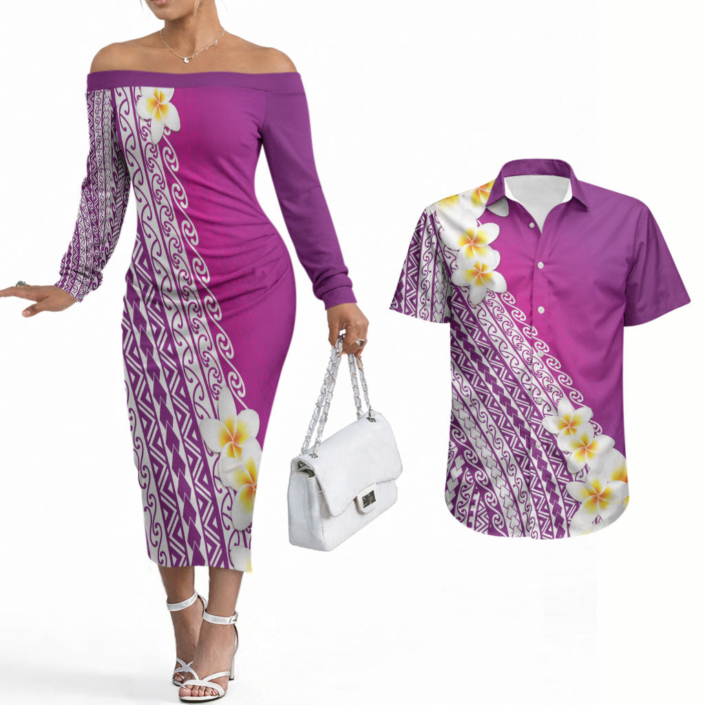 Tahiti Plumeria Tribal Pattern Couples Matching Off The Shoulder Long Sleeve Dress and Hawaiian Shirt Wave Style Purple LT05 Purple - Polynesian Pride