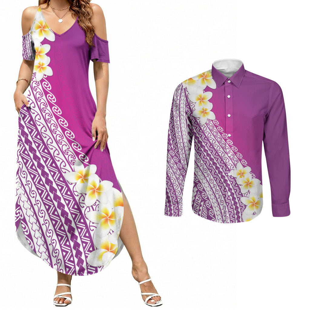 Tahiti Plumeria Tribal Pattern Couples Matching Summer Maxi Dress and Long Sleeve Button Shirt Wave Style Purple LT05 Purple - Polynesian Pride