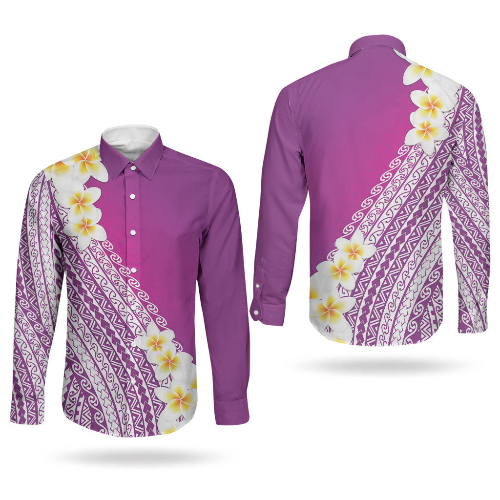 Tahiti Plumeria Tribal Pattern Couples Matching Summer Maxi Dress and Long Sleeve Button Shirt Wave Style Purple LT05 - Polynesian Pride