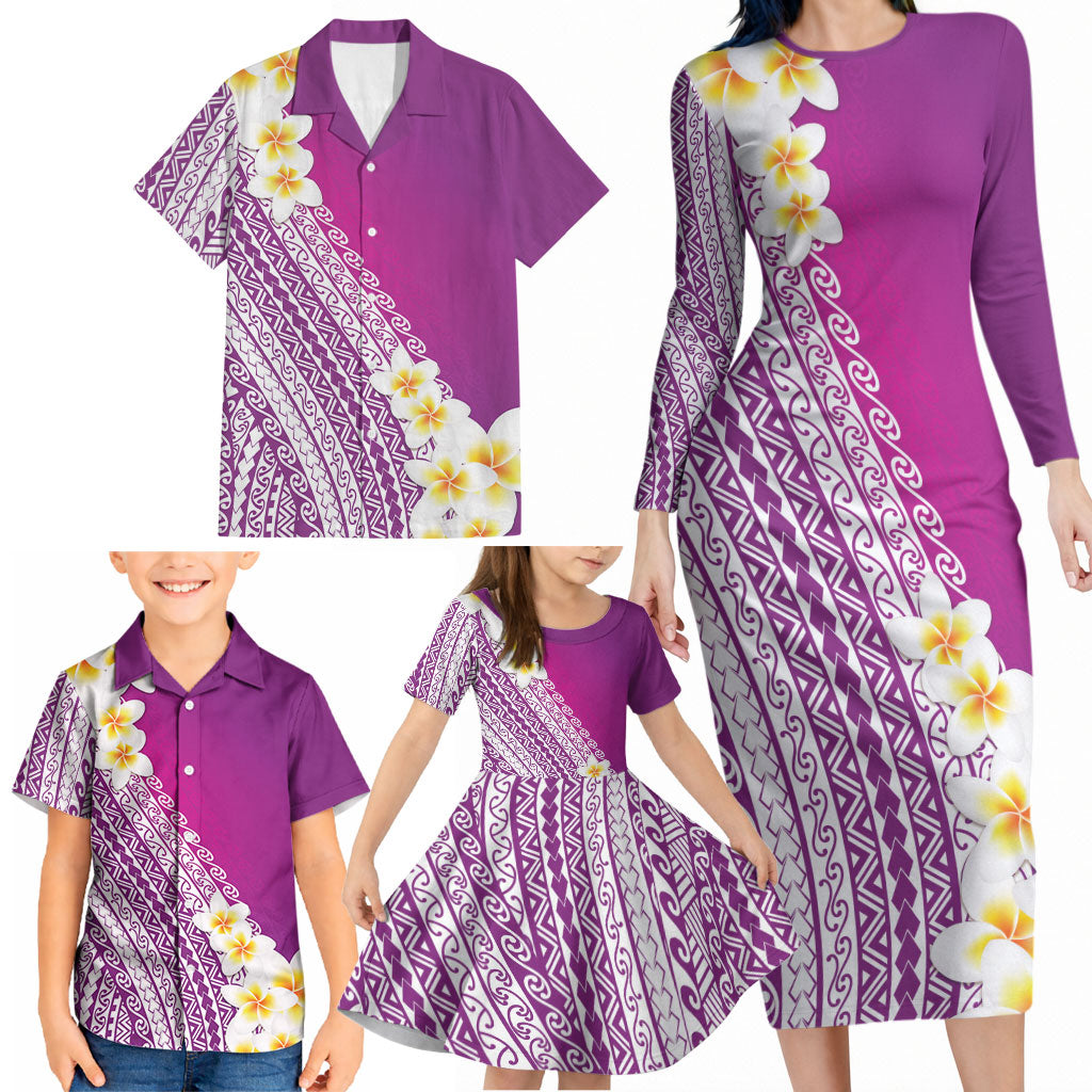 Tahiti Plumeria Tribal Pattern Family Matching Long Sleeve Bodycon Dress and Hawaiian Shirt Wave Style Purple LT05 - Polynesian Pride