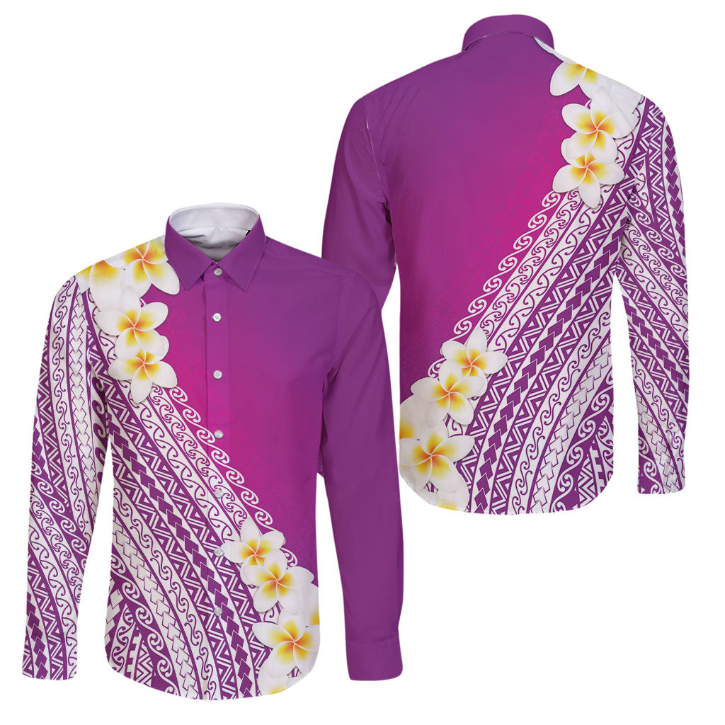 Tahiti Plumeria Tribal Pattern Family Matching Long Sleeve Bodycon Dress and Hawaiian Shirt Wave Style Purple LT05 Dad's Shirt - Long Sleeve Purple - Polynesian Pride